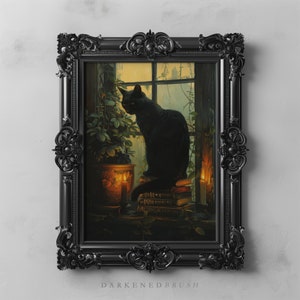 May include: A black cat sits on a stack of books in front of a window with a view of a woodland. The cat is looking out of the window. There is a lit candle in a ceramic pot next to the cat. The image is framed in a black ornate frame.