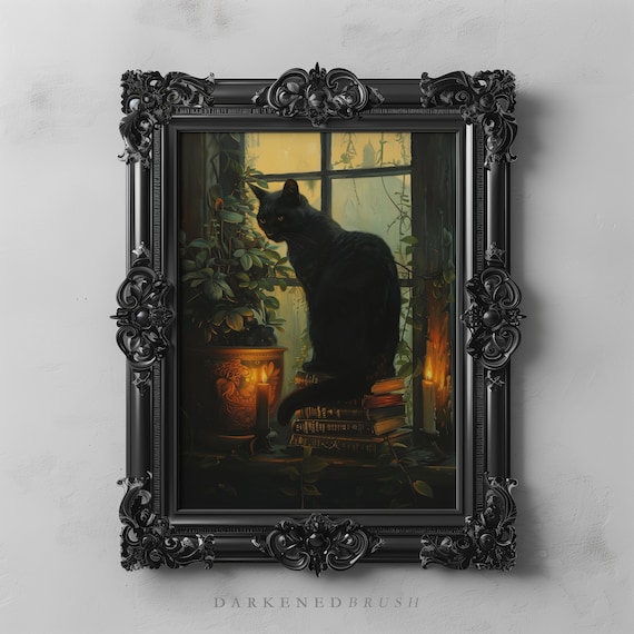 Dark Black Cat On Books Art Printable, Books And Candles Reading Room Art, Dark Academia Book Lover Gift, Cat Painting Gothic Moody Wall Art
