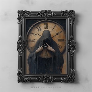 May include: A framed artwork featuring a dark figure with a hooded cloak, positioned in front of a large clock face. The artwork is in a black ornate frame. The clock hands are pointing to the time. The text "DARKENDEDBRUSH" is at the bottom.
