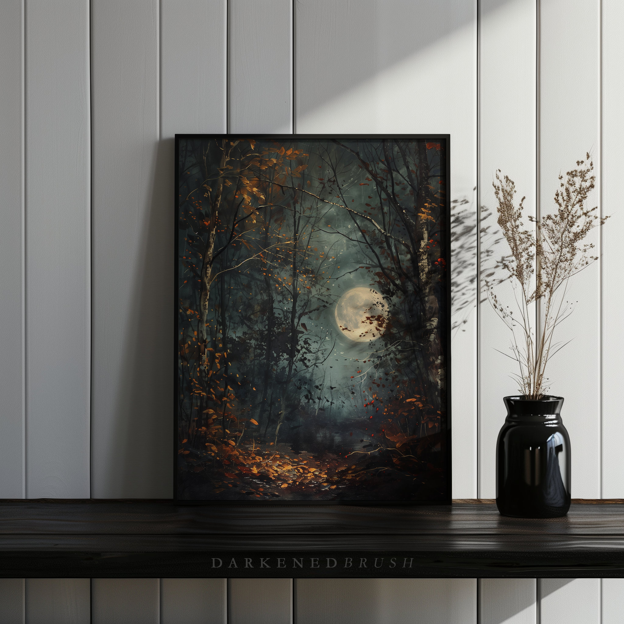 Autumn Full Moon Dark Forest Art Print, Dark Cottagecore, Moody Fall ...