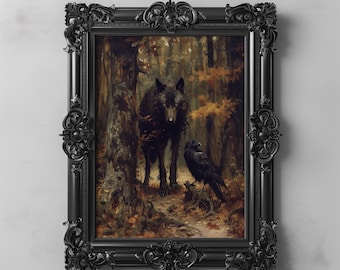 Dark Wolf and Raven in Autumn Forest Mystical Animal Wall Art Fantasy Cottagecore Woodland Decor Gothic Wall Art Nature Spirit Printable Art