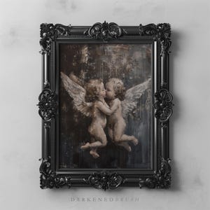 Vintage Cherub Art Printable Romantic Kiss Baroque Angel Painting, Cupid Love Decor, Antique Dark Academia Valentines Day Couple Wall Art