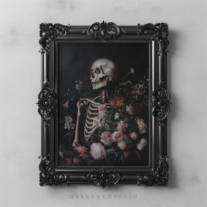 Skeleton with Flowers Art, Gothic Floral Decor Dark Academia Wall Art, Skeleton Botanical Printable Macabre Dark Romance Skull Artwork Print