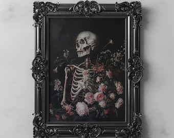 Skeleton with Flowers Art, Gothic Floral Decor Dark Academia Wall Art, Skeleton Botanical Printable Macabre Dark Romance Skull Artwork Print