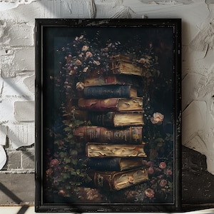 May include: A stack of antique books with worn leather covers and gilded edges, surrounded by lush green foliage and delicate white flowers. The books are arranged in a vintage style, creating a romantic and whimsical scene.