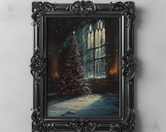 Victorian Christmas Tree in a Grand Hall Holiday Art, Dark Academia Winter Decor, Vintage Gothic Christmas Wall Art, Cozy Holiday Printable