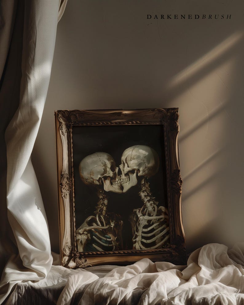Arte imprimible para amantes de los esqueletos góticos, arte de pared de calavera romántica de estilo cottagecore oscuro, póster de amor gótico imprimible de Dark Academia, decoración artística de Halloween imagen 7