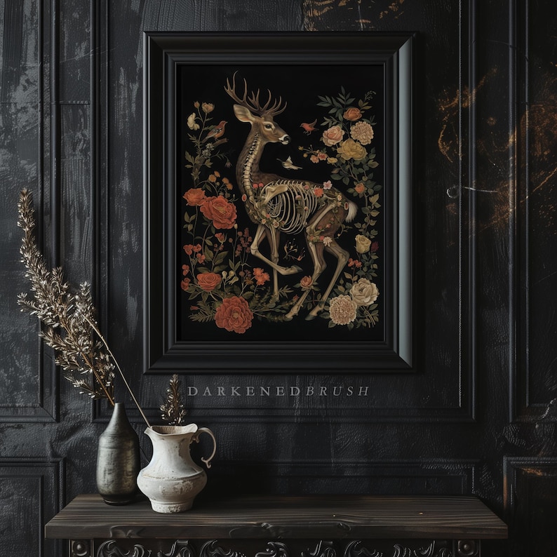 May include: A framed print of a deer skeleton surrounded by flowers and birds on a black background. The text "Darkened Brush" is printed below the image.