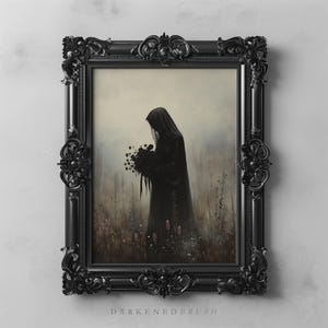 Veiled Woman Black Roses Gothic Widow Art Dark Academia Printable, Haunting Dark Botanical Victorian Aesthetic, Gothic Romance Wall Decor