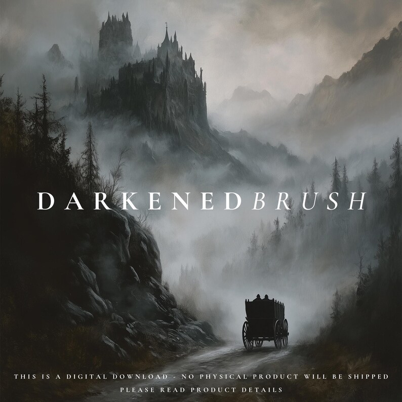 K&ouml;nnte beinhalten: Eine dunkle, neblige Waldszene mit einem Schloss in der Ferne. Eine von Pferden gezogene Kutsche f&auml;hrt auf einem Weg durch die B&auml;ume. Der Text "DARKENEDBRUSH" wird in wei&szlig;en Buchstaben in der Mitte des Bildes angezeigt.