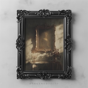 Haunted mysterieuze gotische portretkunst aan de muur, stoffig Victoriaans lijstdecor, romantische vintage interieur afdrukbare kunst voor donkere academische ruimtes