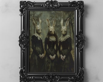 Rabbit Cult Forest Painting Art Printable, Occult Print Poster, Witchcraft, Pagan Decor, Moody Wall Art, Gothic Painting Witch Art