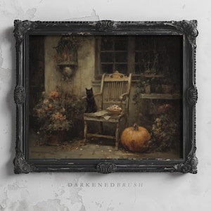 Black Cat With Pumpkins On Rustic Porch Halloween Wall Art Vintage Dark Cottagecore Autumn Fall Decor Spooky Haunted Printable Aesthetic