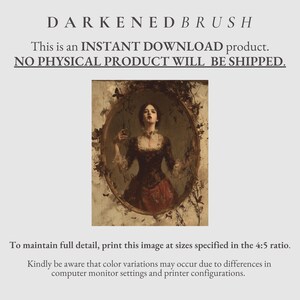 K&ouml;nnte beinhalten: Digitaler Kunstdruck mit einem gotischen Portr&auml;t einer Frau in einem dunklen Kleid, umrahmt von einem ovalen Spiegel. Das Bild hat eine Vintage-&Auml;sthetik mit dem Text "DARKENEDBRUSH" oben. Der Text besagt auch, dass es sich um einen Sofort-Download handelt.