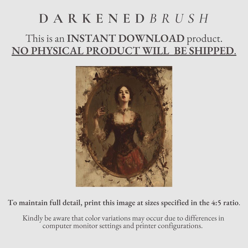 K&ouml;nnte beinhalten: Digitaler Kunstdruck mit einem gotischen Portr&auml;t einer Frau in einem dunklen Kleid, umrahmt von einem ovalen Spiegel. Das Bild hat eine Vintage-&Auml;sthetik mit dem Text "DARKENEDBRUSH" oben. Der Text besagt auch, dass es sich um einen Sofort-Download handelt.