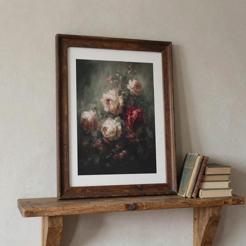 Rose Floral Wall Art, Moody Botanical Painting, Dark Academia Decor, Gothic Physical Archival Print 863