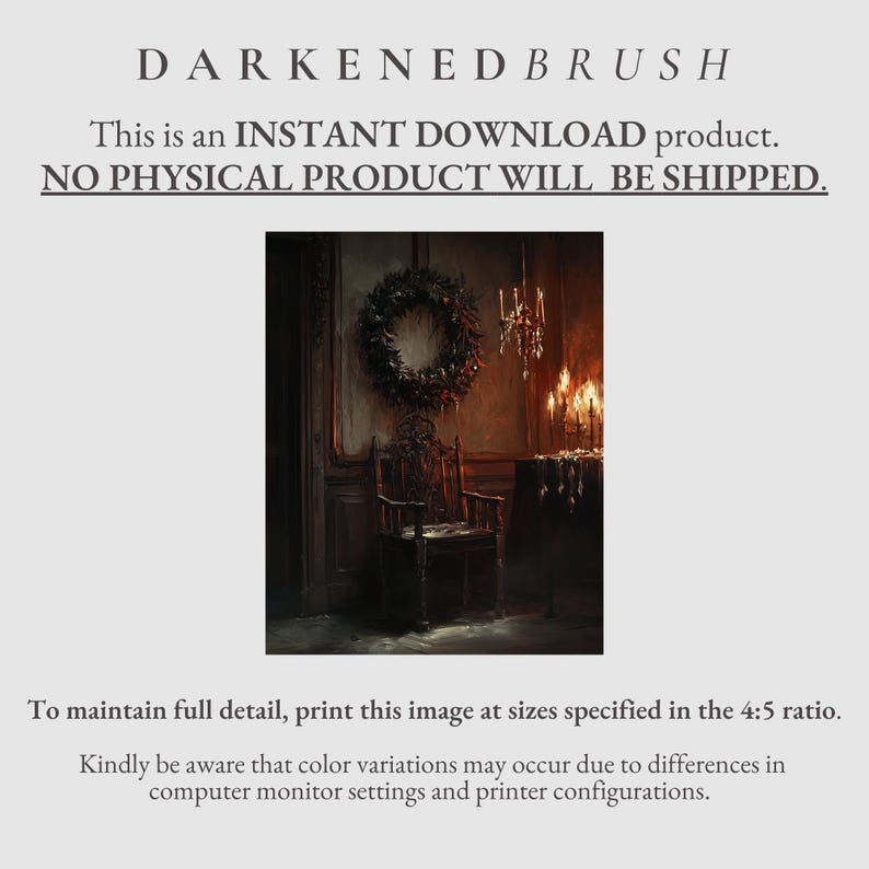 May include: A dark, moody digital painting of a room with a single chair, a wreath, and a chandelier. The room is dimly lit, and the walls are a deep brown color. The chair is made of dark wood and has a high back. The wreath is made of evergreen branches and is decorated with red berries. The chandelier is made of metal and has several candles. The painting has a vintage, antique feel.