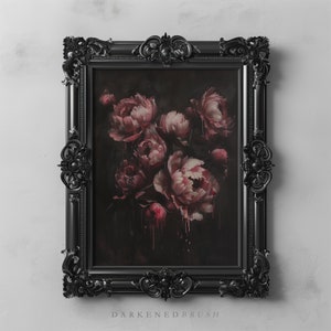 May include: A black ornate frame with a dark background and a painting of pink peonies with dripping red paint.