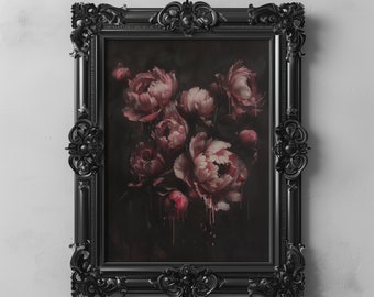 May include: A black ornate frame with a dark background and a painting of pink peonies with dripping red paint.