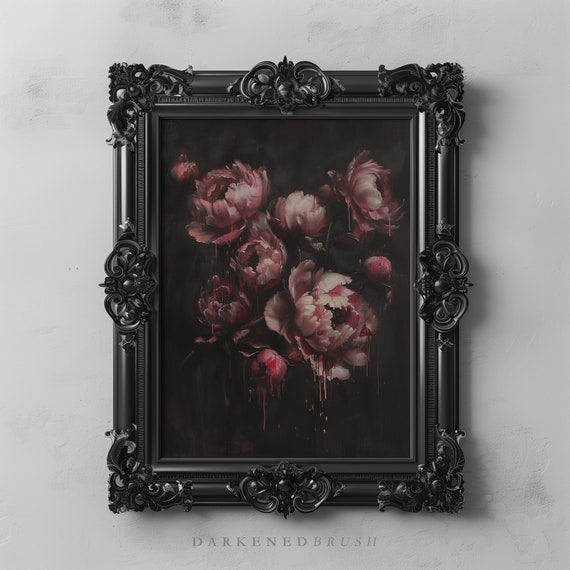 Pink Peonies Dark Flowers Art Print, Moody Gothic Peonies Victorian Goth Aesthetic Vintage Floral Wall Art, Printable Dark Academia Decor