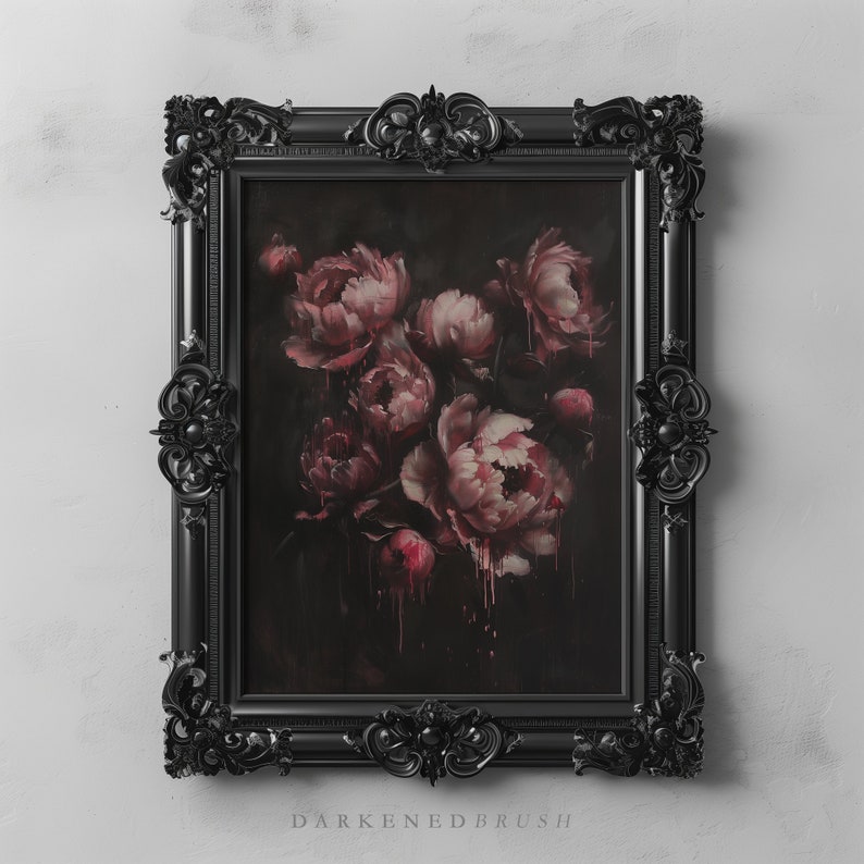 May include: A black ornate frame with a dark background and a painting of pink peonies with dripping red paint.