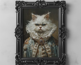 White Royal Cat Portrait Art Printable, Animal Pet Portrait, Victorian Regal Renaissance Cat Painting, Animal Wall Decor, Cat Lover Art Gift