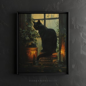 May include: A black cat sits on a stack of books in a dimly lit room. A potted plant with green leaves is in the background. There are two lit candles on the windowsill. The cat is looking to the left of the image.