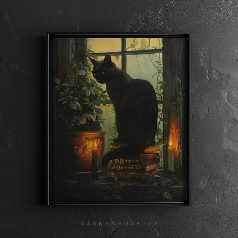 May include: A black cat sits on a stack of books in a dimly lit room. A potted plant with green leaves is in the background. There are two lit candles on the windowsill. The cat is looking to the left of the image.