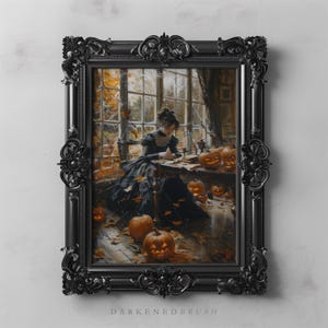 May include: A framed painting of a woman in a black dress sitting at a table with pumpkins and autumn leaves. The painting is in a black ornate frame.