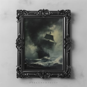 May include: A black framed painting of a ship sailing through a stormy sea. The ship is silhouetted against a dark sky with a faint light in the distance. The painting is in a dark, ornate frame.