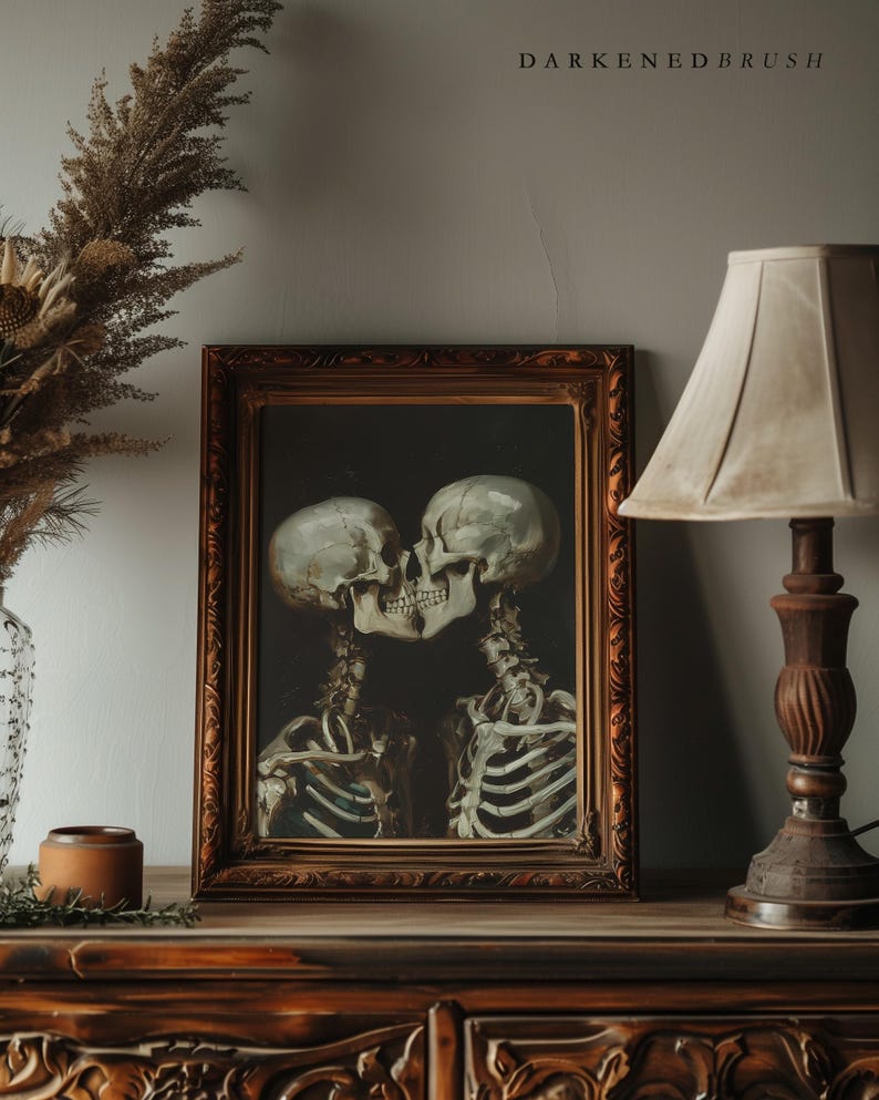 Arte imprimible para amantes de los esqueletos góticos, arte de pared de calavera romántica de estilo cottagecore oscuro, póster de amor gótico imprimible de Dark Academia, decoración artística de Halloween imagen 2