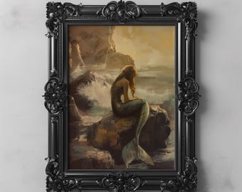 Coastal Sunset Mermaid Art Print Ocean Fantasy Painting Wall Decor, Dreamy Folklore Vintage Mermaid Sea Art, Mystical Ocean Seascape Art