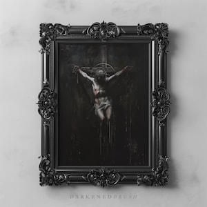 Dunkle Kreuzigung Art Printable Gothic Religiöses Dekor Christian Sacred Jesus Wandkunst Spirituelle minimalistische Malerei Dark Aesthetic Printable