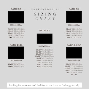 May include: A sizing chart with the text "Darkened Brush Sizing Chart" displays various aspect ratios and dimensions in inches and centimeters. Ratios include 5:4, 4:3, 3:2, 14:11, and 7:5 ISO, with corresponding pixel dimensions and sizes.