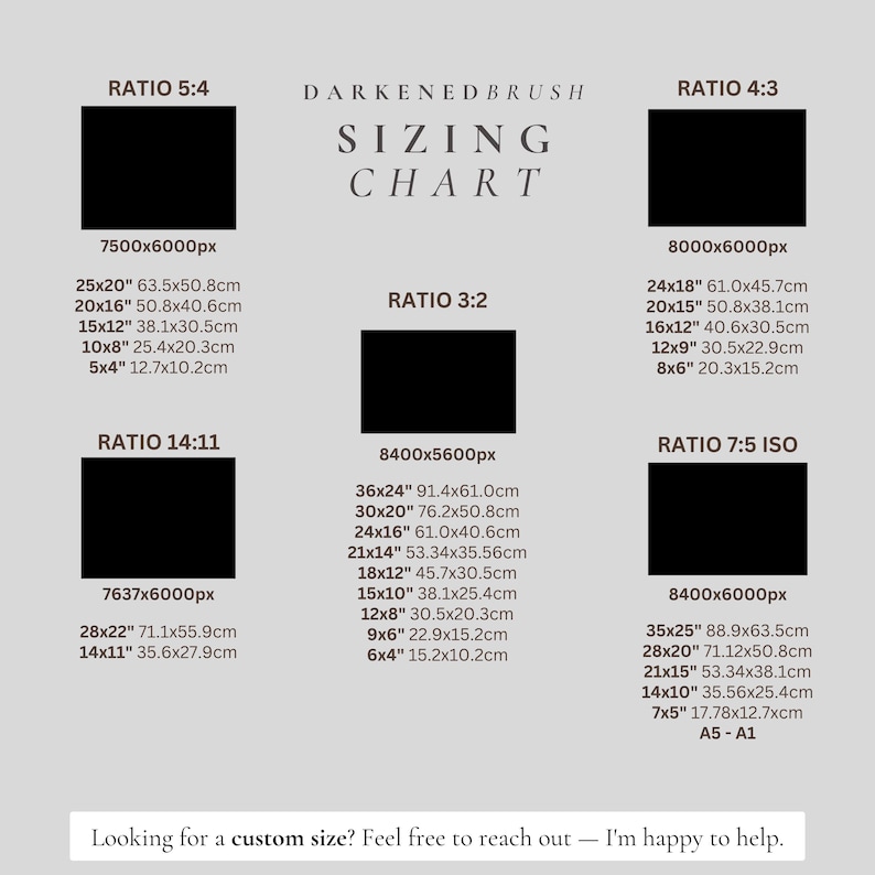 May include: A sizing chart with the text "Darkened Brush Sizing Chart" displays various aspect ratios and dimensions in inches and centimeters. Ratios include 5:4, 4:3, 3:2, 14:11, and 7:5 ISO, with corresponding pixel dimensions and sizes.
