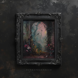 May include: A framed painting of a lush, overgrown garden with a stone archway in the background. The painting is in a dark, ornate frame and has a soft, dreamy feel.