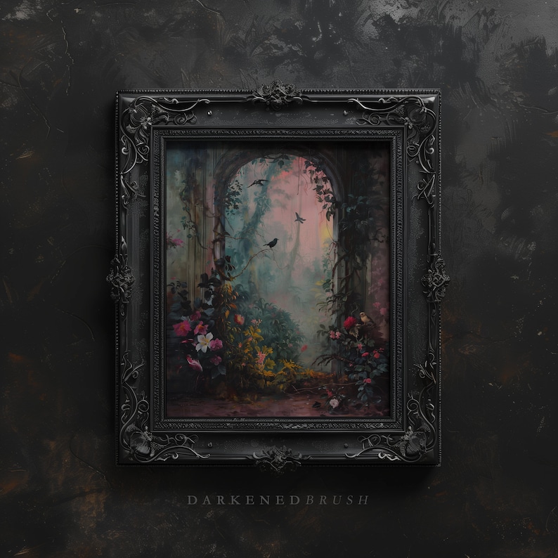 May include: A framed painting of a lush, overgrown garden with a stone archway in the background. The painting is in a dark, ornate frame and has a soft, dreamy feel.