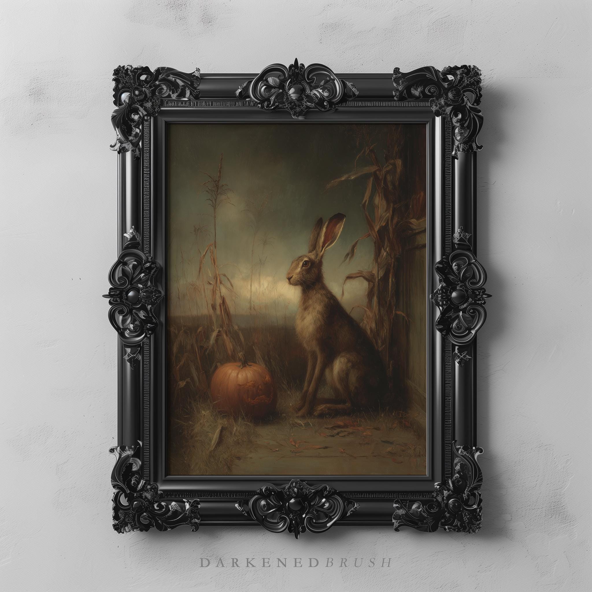 Hare Rabbit Beside Pumpkins at Rustic Doorway, Vintage Gothic