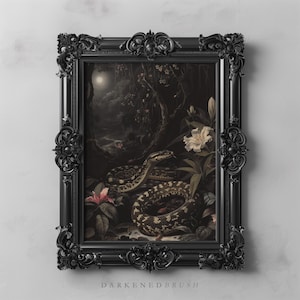 Impressão de arte de cobra botânica escura, pintura floral de réptil, serpente ao luar para impressão, botânica escura, presente para amantes de cobras, arte de parede de animais da natureza