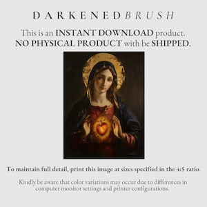 May include: A digital painting of the Virgin Mary holding a glowing heart in her hands. The painting is in a dark, muted colour palette with a focus on the heart.