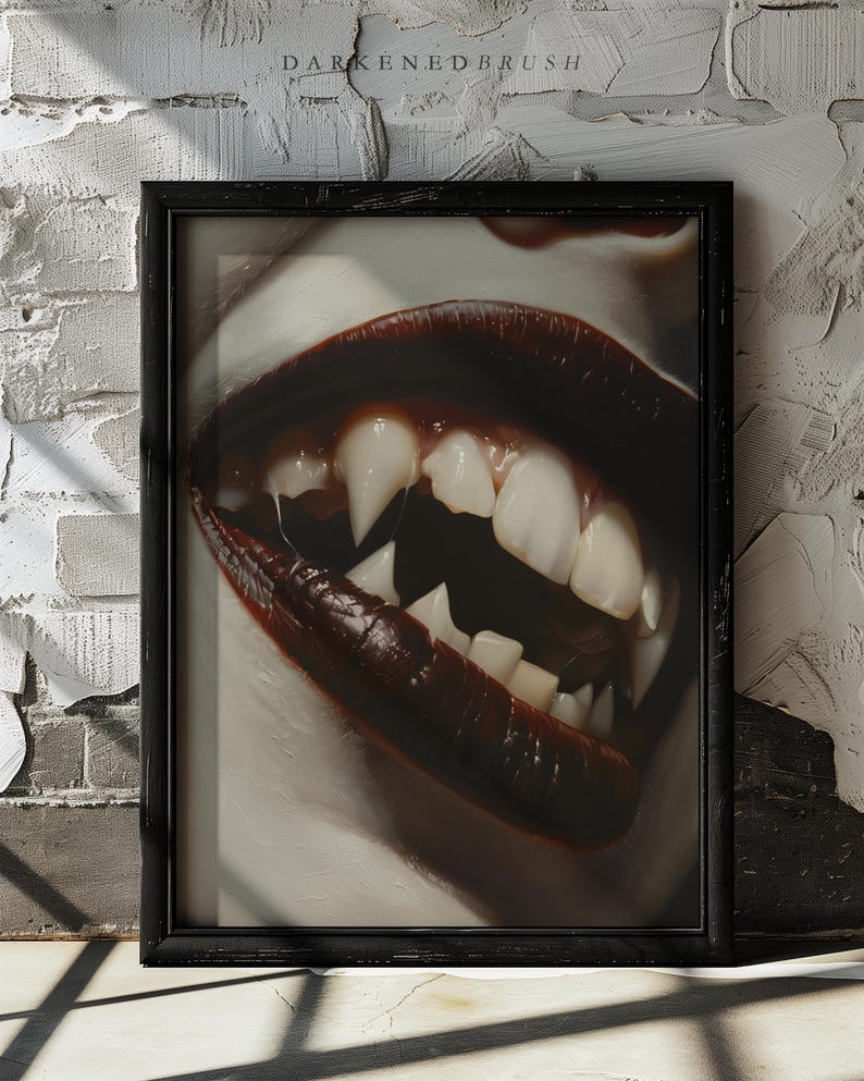 May include: Close-up of a mouth with dark red lipstick and sharp, white teeth. The teeth are pointed and fang-like, giving the image a sinister and eerie feel.