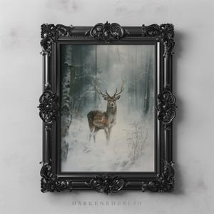 Christmas Reindeer Stag in Snowy Forest Woodland Winter Decor Printable Wildlife Nature Cottagecore Wall Art Seasonal Winter Holiday Decor
