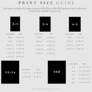 May include: Print size guide with different aspect ratios, including 2:3, 3:4, 4:5, and 11:14. The guide also includes standard ISO paper sizes, such as A2, A3, A4, A5, and A6. Measurements are provided in inches and centimetres.