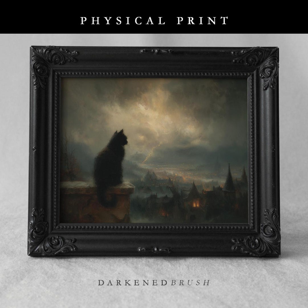 Black Cat Wall Art, Gothic Cityscape Painting, Dark Academia Decor ...