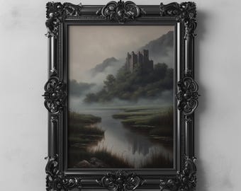 Misty Medieval Fantasy Castle Landscape Wall Art, Dark Romantic Printable Art, Gothic Nature Decor Dark Academia Moody Fantasy Fairytale Art