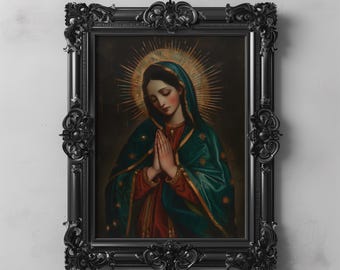 May include: A framed religious portrait featuring a woman in a green and red robe with a gold halo. The black frame has ornate detailing. The image is a vintage style painting with the text "DARKENDEDBRUSH" at the bottom.