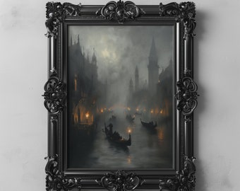 Dark Misty Venice Grand Canal Painting, Victorian Gothic Aesthetic Vintage Dark Oil Painting, Dark Academia Decor, Moody Wall Art, Cityscape