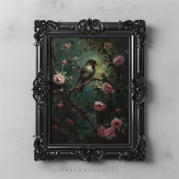 Bird and Roses Art Printable, Vintage Floral Nature Painting Rose Garden Woodland Botanical Wall Art Cottagecore Home Decor Nature Flowers