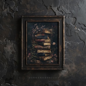 May include: A framed painting of a stack of old books with worn covers, surrounded by lush green foliage and delicate pink flowers. The books are arranged in a tower, with the top book slightly tilted. The painting is set against a dark background, giving it a vintage and mysterious feel.
