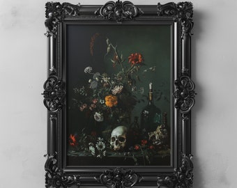 May include: A black framed painting of a still life with a skull, flowers, and bottles. The flowers are in shades of red, yellow, and white. The bottles are clear glass and one has a dark liquid inside. The skull is white and sits on a table with a dark surface.